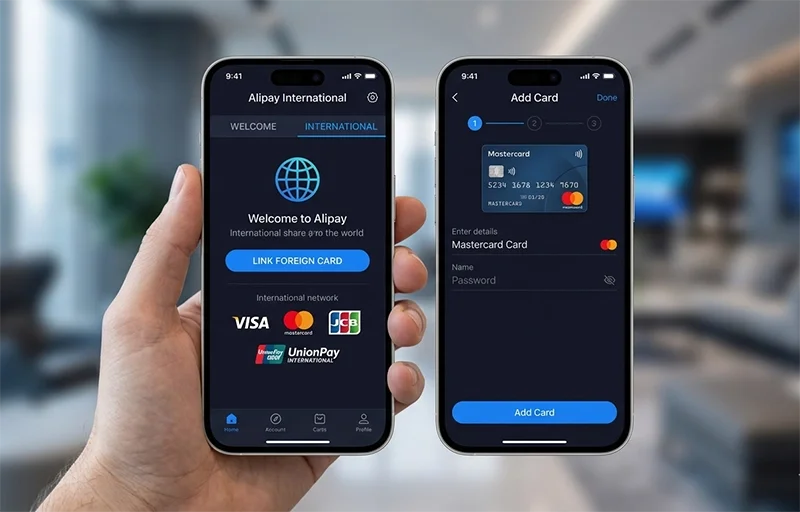 Clean smartphone screenshots showing the 2026 edition of Alipay International UI, specifically the welcome and add card screens.