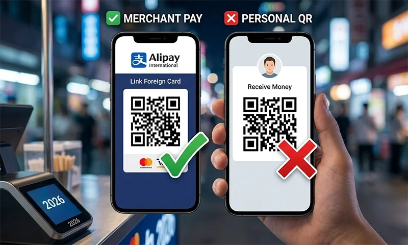 A split screen photograph showing a merchant's official 2026 Alipay payment sign on the left (✅ labeled) and a smartphone screen with a personal transfer QR code on the right (❌ labeled).