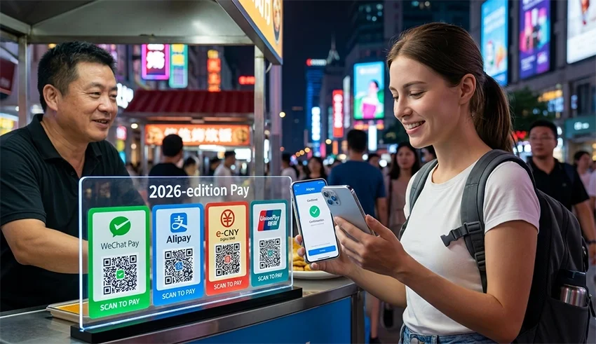 A foreign tourist paying with Alipay at a modern Shanghai street food stall in 2026, background features blurred Shanghai skyline.