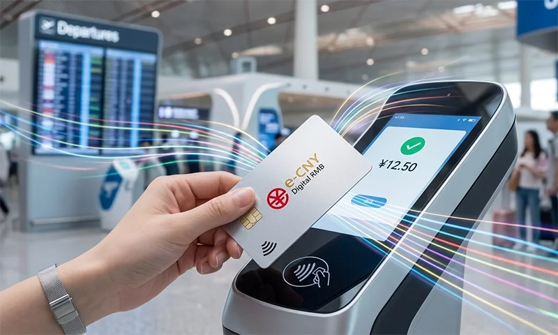 A foreign tourist's hand holding a sleek e-CNY Hard Wallet card (Digital RMB), showcasing the 'e-CNY' and red 'Digital RMB' logo, over a contactless payment terminal.