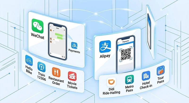 A modern digital illustration gallery showing floating cards for 'WeChat' and 'Alipay'. Arcs of connected Mini-Programs icons (Bike, Train, Restaurant, Taxi, Metro) connect the apps and emphasize the integrated system, derived from the stylistic city and network in image_0.png and image_1.png. Clean English labels. Non-photographic.