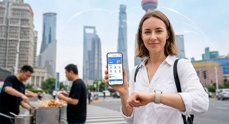 A female foreign traveler paying street vendor via Alipay in modern Shanghai, with subtle digital connectivity lines arcing above, integrating modern urban life with technology. (Source: China Internet Connectivity Guide 2026)
