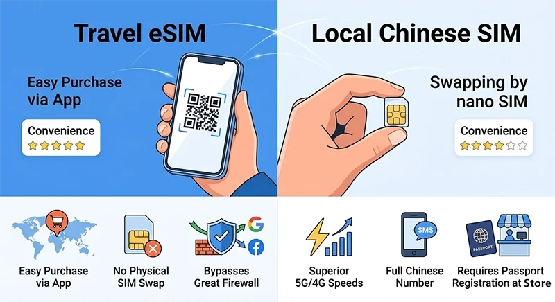 A clean, infographic illustration comparing Travel eSIM (App purchase, No physical SIM, Firewall bypass) with Local Chinese SIM (Superior speed, Local Number, Store visit), as visualised in image_1.png and derived from the traveler and SIM in image_0.png.