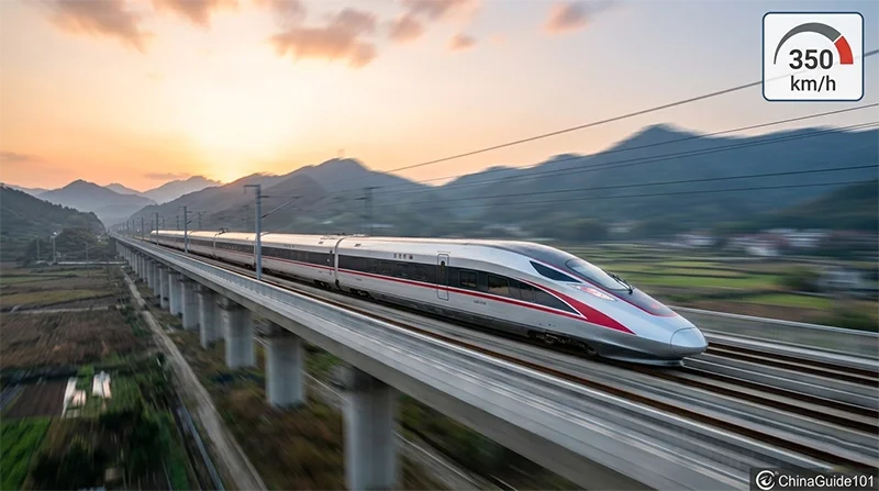 A high-speed Fuxing train speeding through a scenic Chinese landscape at sunset, motion blur effect.
