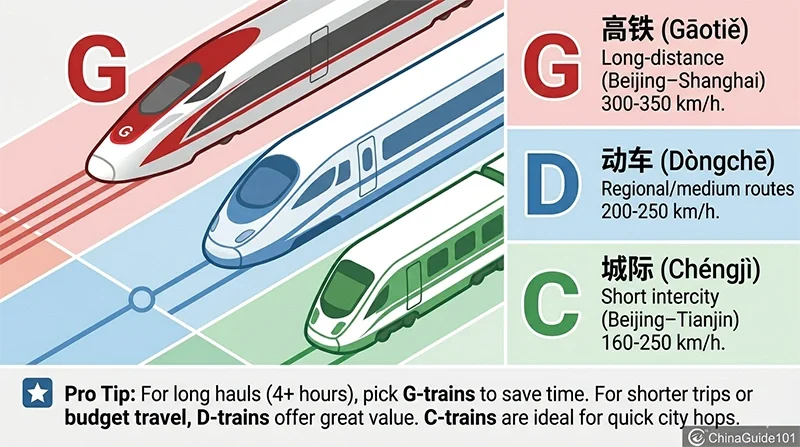 Infographic showing the differences between G, D, and C train categories with corresponding color coding.
