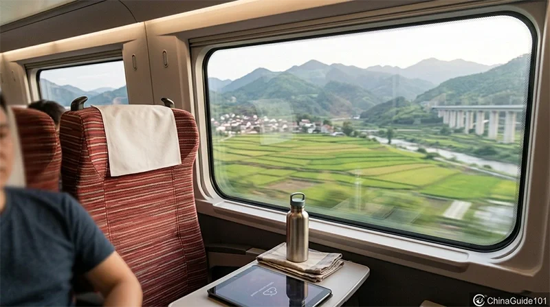 POV shot from a comfortable window seat on a Chinese bullet train, showing beautiful terraced fields passing by outside.