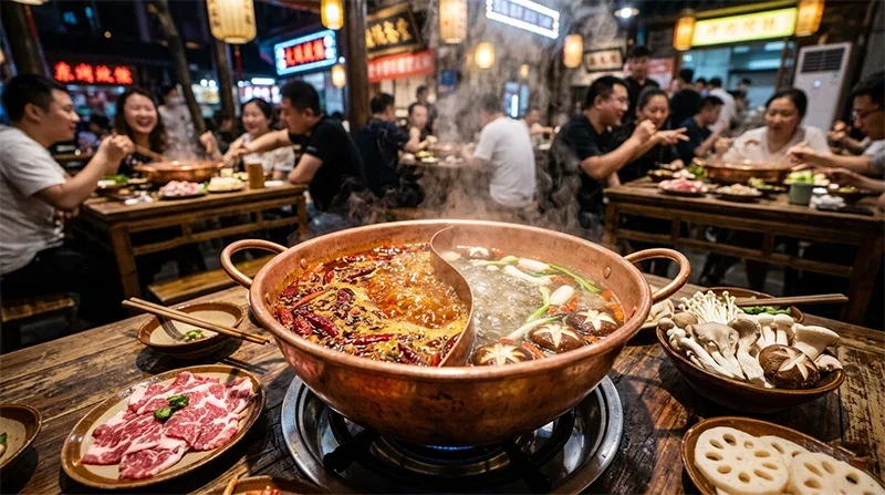 Hotpot (a simmering cauldron of chili oil)... yuan yang guo (split pot)