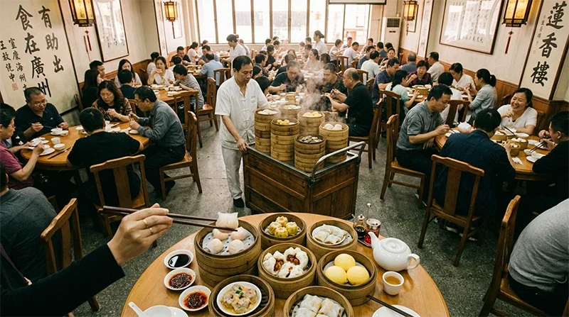 A crowded, traditional Cantonese dim sum restaurant in Guangzhou