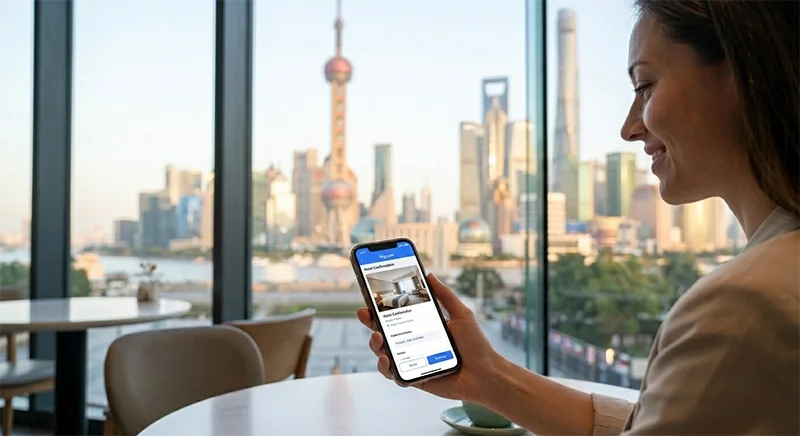 A smartphone displaying the Trip.com English booking interface against a blurred background of the Shanghai Bund skyline.