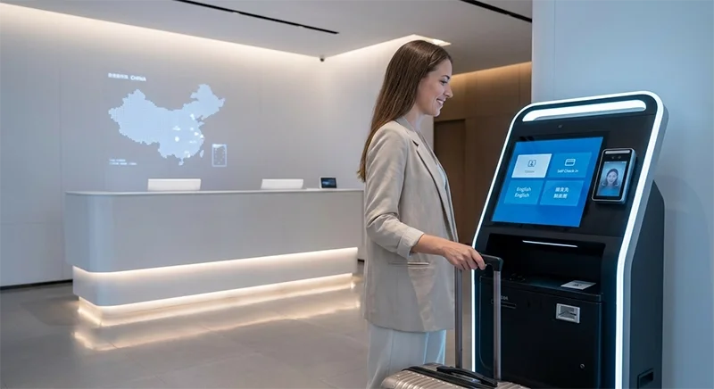 A modern hotel lobby in China featuring an international traveler using a high-tech self check-in kiosk with a clear English interface and passport scanner.