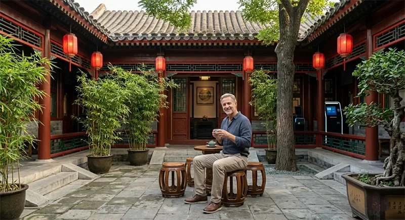 An international traveler enjoying tea in a beautifully restored traditional courtyard boutique hotel (Minshu) in a Beijing Hutong.