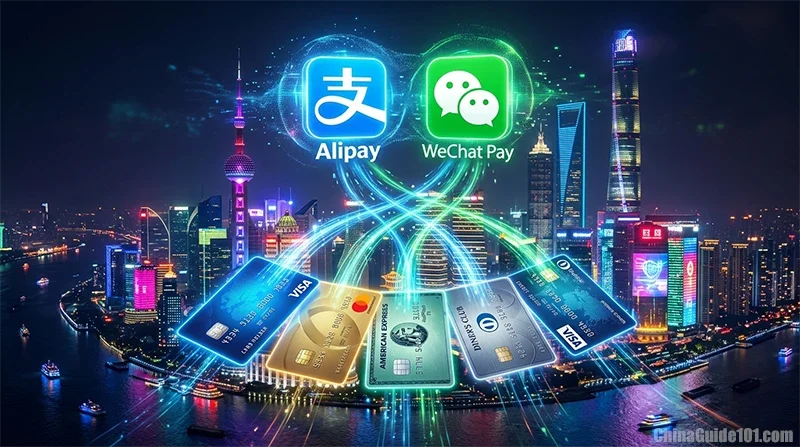 A visual representation of international credit cards like Visa and Mastercard seamlessly linking to Alipay and WeChat Pay