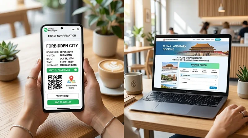 Side-by-side comparison of WeChat Mini-program in English translation mode and the official Palace Museum English booking website.