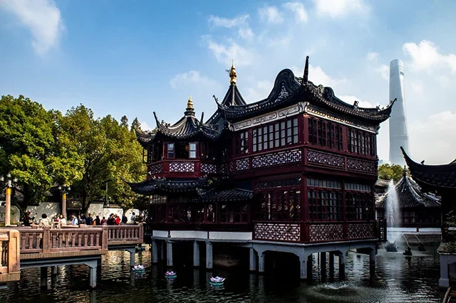 A iconic zigzag bridge over a lotus pond—one of the most photographed spots in Yu Garden