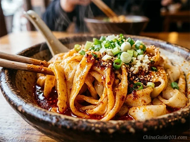 Close-up of Shaanxi Biang Biang noodles with red chili oil and scallions, authentic Xi'an food