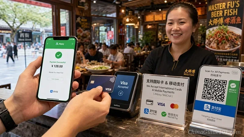 A traveler using Alipay and an international Visa card to pay at a local Guilin restaurant, showing the seamless 2026 payment experience.