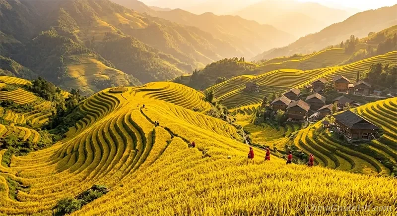 Golden autumn harvest at Jinkeng Red Yao Rice Terraces in Longji, featuring traditional wooden stilt houses and layered mountain fields.