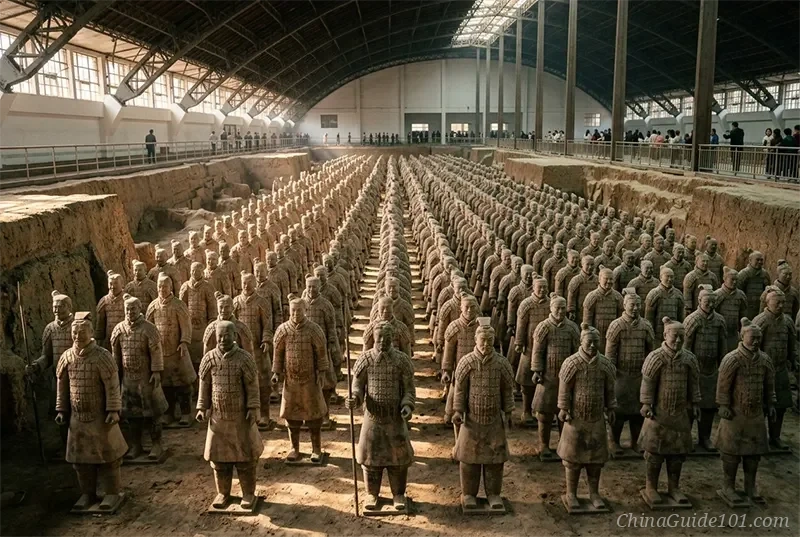 Panoramic view of Terracotta Army Pit 1 in Xi'an, life-sized ancient Chinese clay warriors