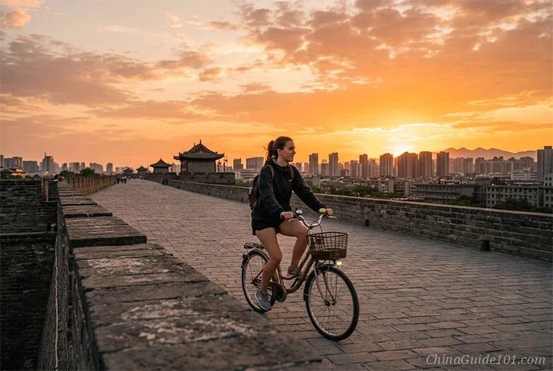 Tourist cycling on the Xi'an Ancient City Wall at sunset, panoramic view of historic Xi'an