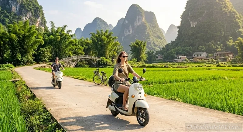 foreign tourists riding an electric scooter through the Ten-Mile Gallery in Yangshuo, past rice paddies and karst mountains.