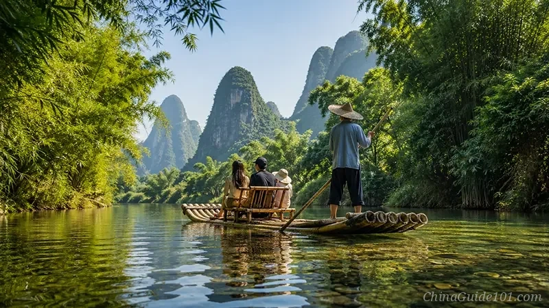Manual bamboo rafting on the quiet Yulong River in Yangshuo, surrounded by lush bamboo forests and limestone mountains.