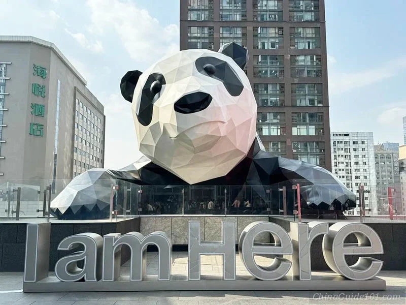 The famous giant panda outdoor sculpture on the rooftop garden of IFS Mall in Chengdu, featuring the large 'I am Here' sign against the city skyline.