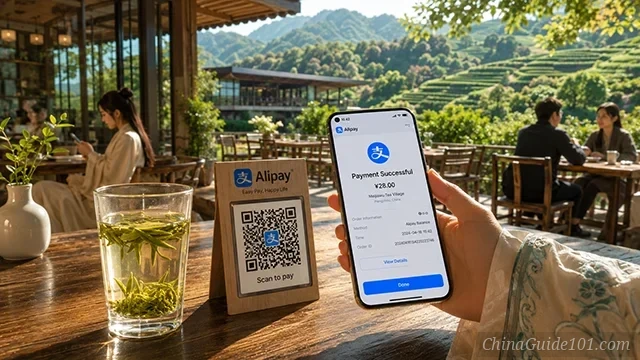 A point-of-view shot from a modern cafe terrace in Meijiawu Tea Village. On a wooden table sits a tall, clear glass tumbler filled with high-quality Longjing green tea, showcasing the flat leaves steeping in crystal-clear water. A hand holds a smartphone scanning a physical Alipay QR code stand next to the glass. Blurred Longjing tea terraces are visible under soft sunlight in the background.