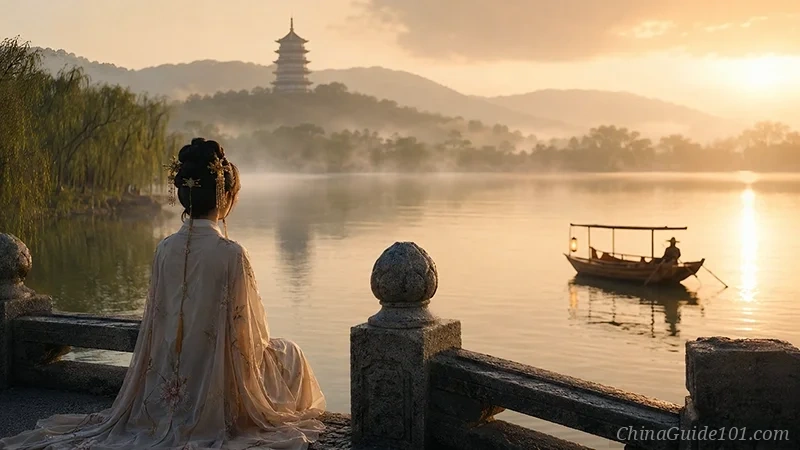 A serene morning at Hangzhou's West Lake with Leifeng Pagoda in the distance. In the foreground, a woman in elegant Southern Song Dynasty Hanfu robes sits on Broken Bridge, looking out over the misty water as a traditional boat drifts by.