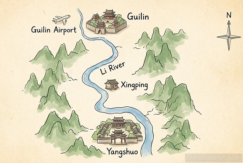 Hand-drawn English travel map of the Guilin to Yangshuo region