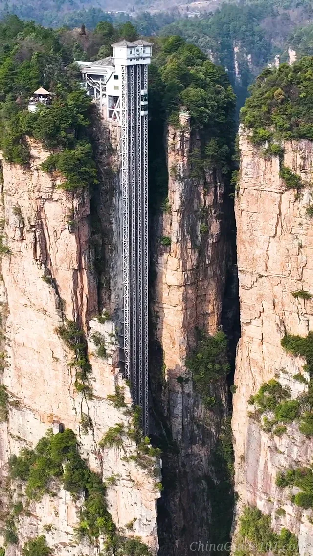 A massive vertical steel elevator structure built directly against the side of a towering sandstone cliff face. The glass outdoor elevator shafts run top to bottom along the massive rock pillar, surrounded by misty mountains and green forests in Zhangjiajie.