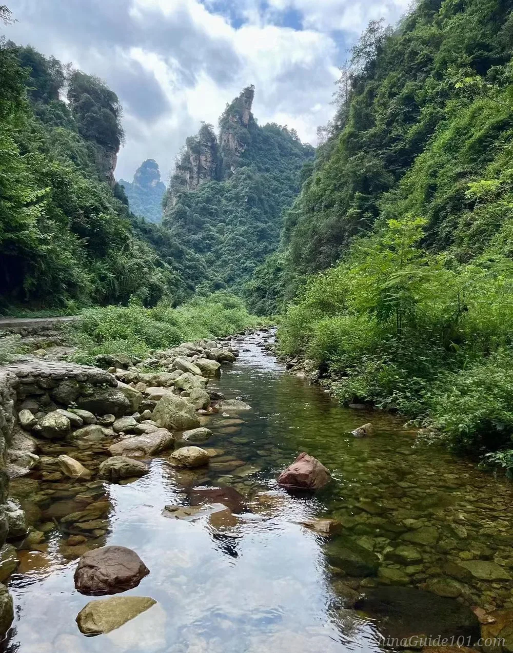 A scenic, clear stream gently winding through a lush green valley canyon. Smooth rocks and brown pebbles are visible through the transparent, reflective water. The riverbanks are dense with vibrant green trees and bushes, leading towards sharp, forested sandstone mountain peaks rising under a cloudy sky.