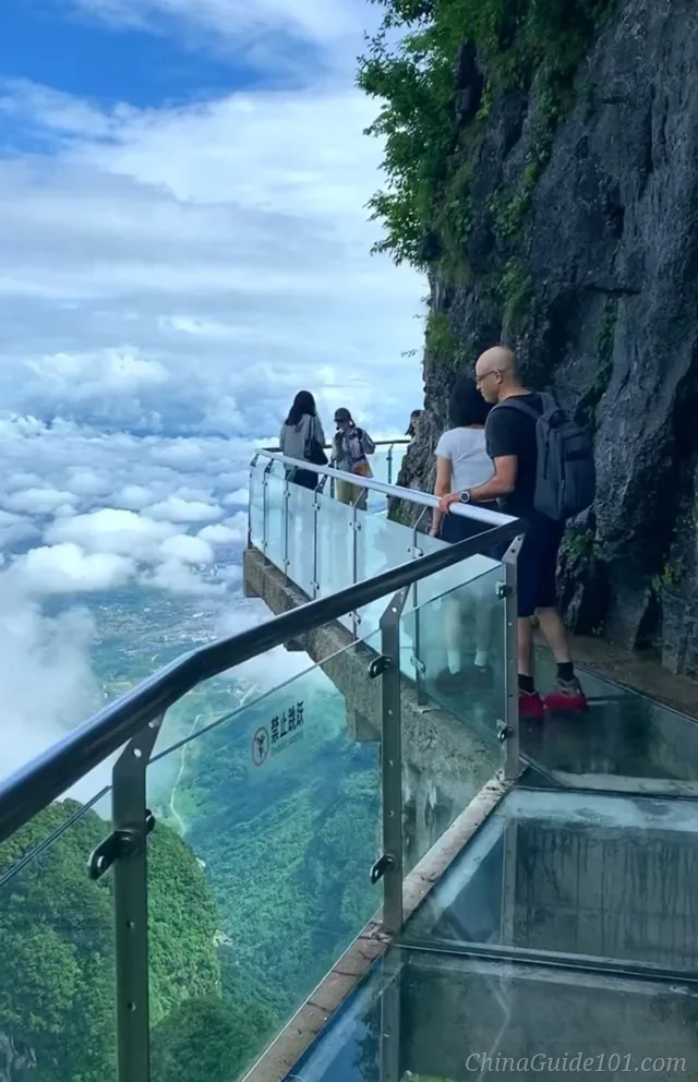 Tourists with backpacks walk carefully along a narrow glass-bottomed skywalk attached to a vertical rock cliff. The transparent walkway overlooks a dizzying drop into a lush green valley partially covered by a sea of white clouds under a blue sky.