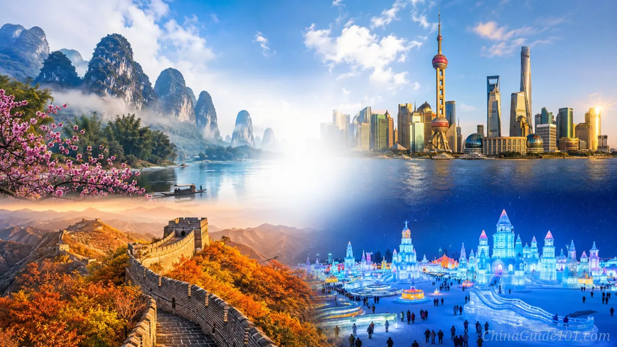 Four seasonal landscapes across China showing spring, summer, autumn, and winter, illustrating the best time to visit China throughout the year.