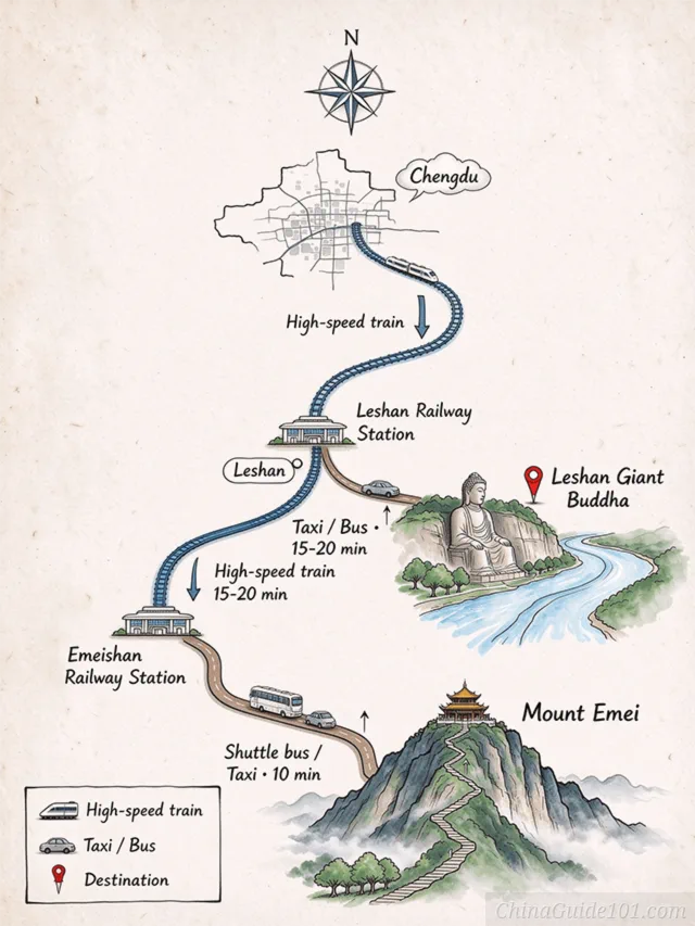 An illustrated travel route map showing high-speed train connections from Chengdu to Leshan Railway Station and Emeishan Railway Station, including local bus and taxi links to the Leshan Giant Buddha and Mount Emei scenic areas.