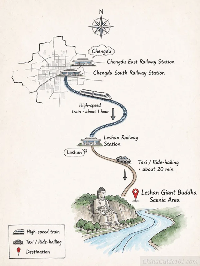 An illustrated travel map showing transportation routes from Chengdu East and South Railway Stations to Leshan Railway Station by high-speed train, followed by a taxi ride to the Leshan Giant Buddha Scenic Area.