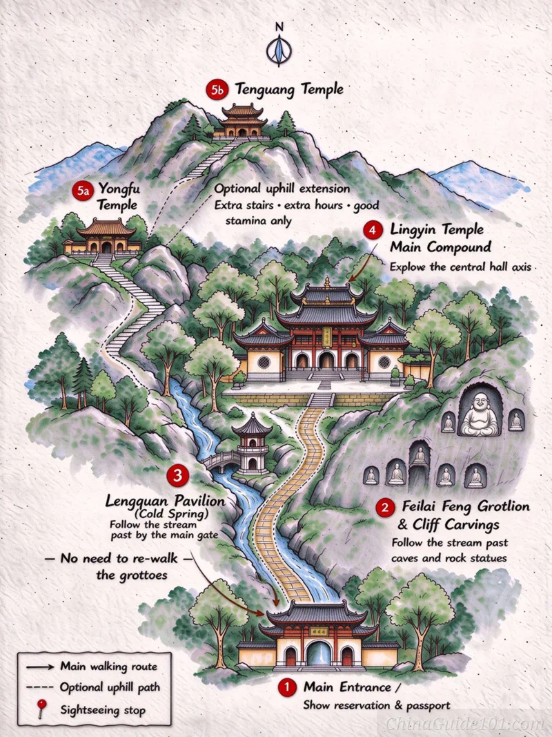 Hand-drawn tourist route map of Lingyin Temple and Feilai Peak Scenic Area, showing numbered walking paths from the main entrance to grottoes, Lengquan Pavilion, main temple compound, Yongfu Temple, and Tao Guang Temple.