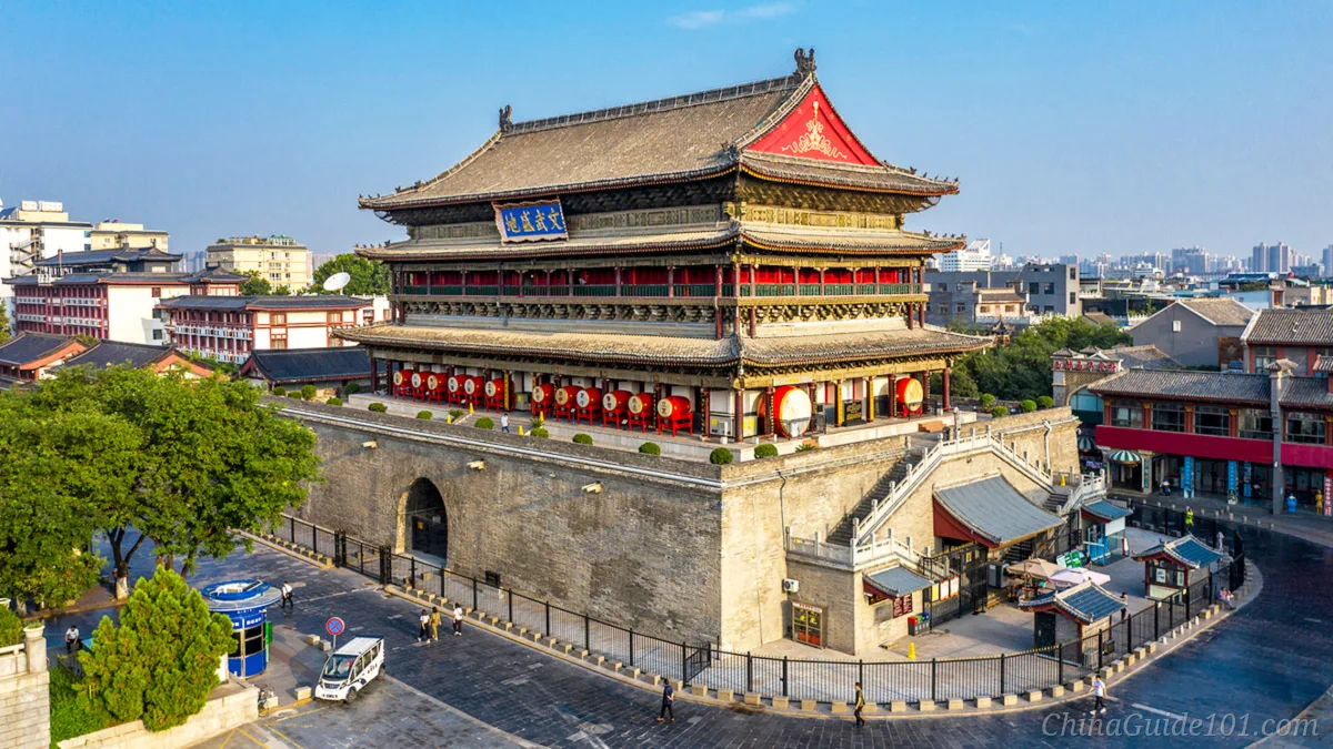 Aerial view of the Xi'an Drum Tower, a historic multi-story wooden landmark with ancient drums on its stone platform, Xi'an, Shaanxi, China