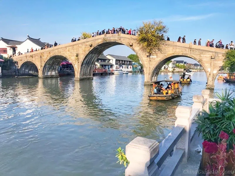 Fangsheng Bridge, a five-arch ancient stone bridge in Zhujiajiao Water Town, Shanghai.