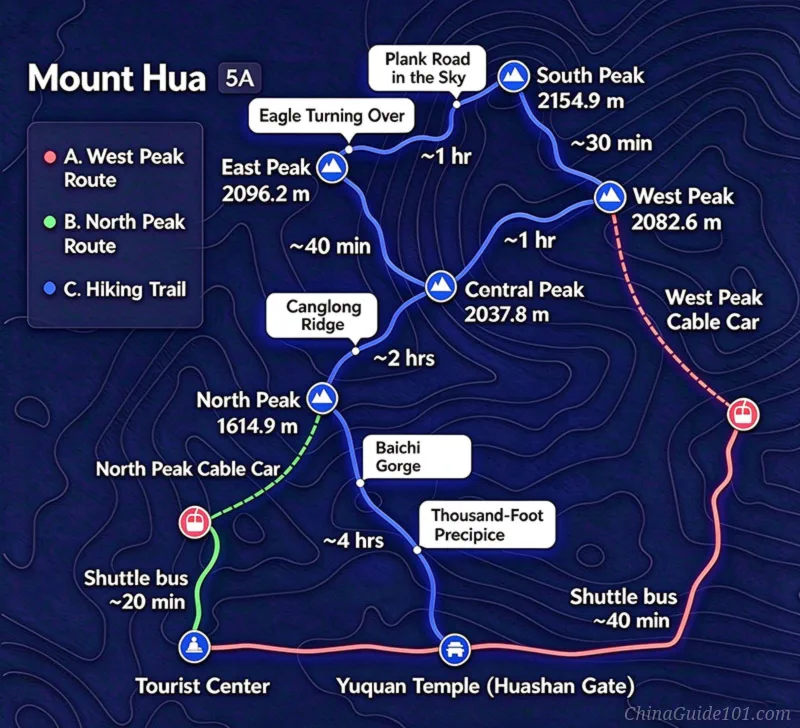 map of mount hua hiking routes, showing peaks, cable cars, trails and estimated hiking time