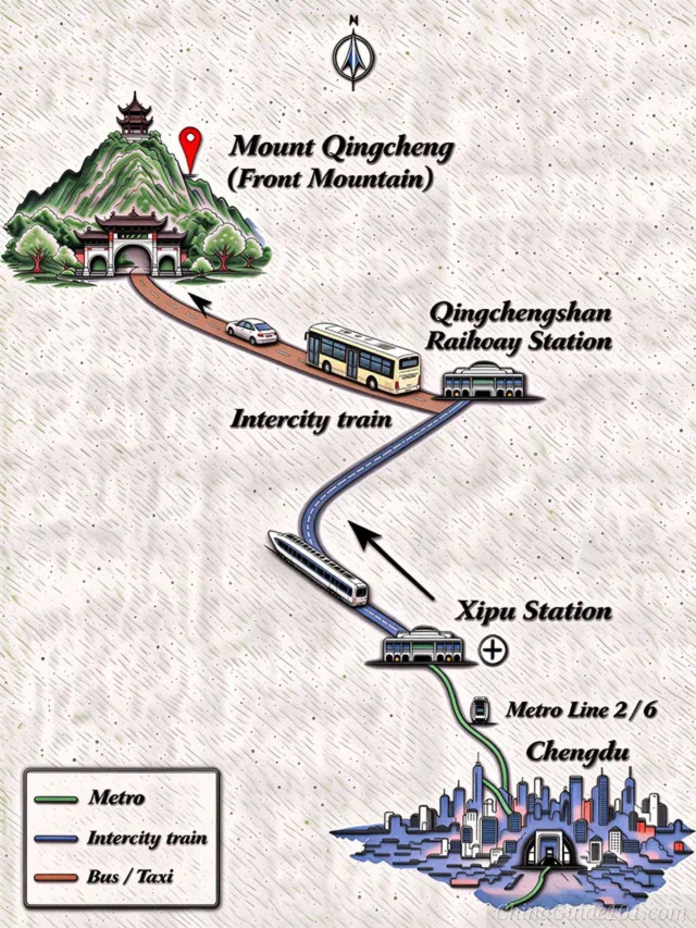 Illustrated transport map showing the route from Chengdu to Mount Qingcheng Front Mountain via metro, intercity train, bus and taxi